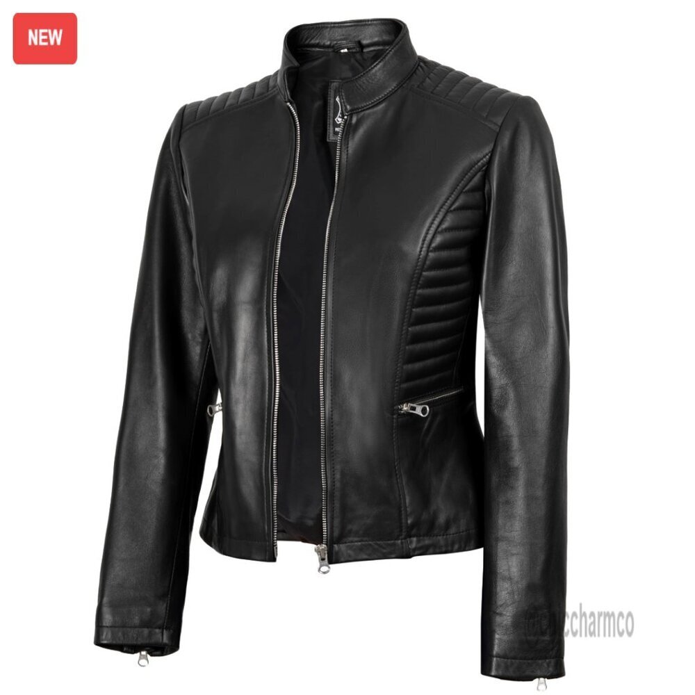 Real Lambskin Leather Jacket with Quilted Shoulders and Adjustable Waist